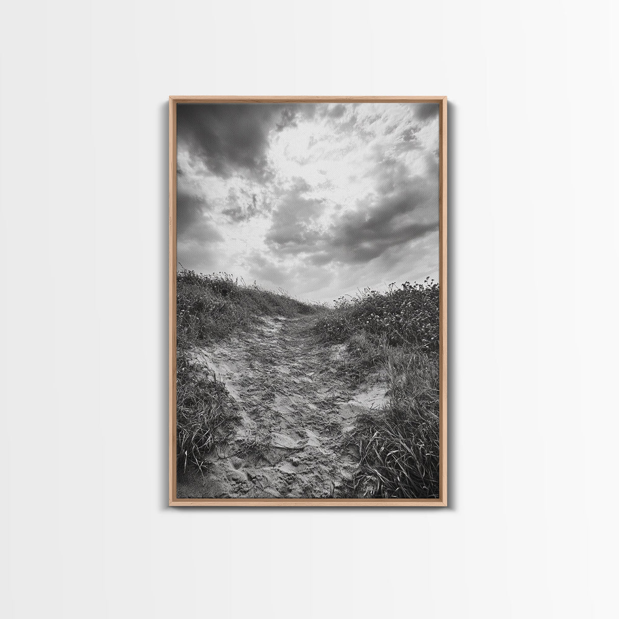 Sandy Trail, Ocean Path, Windy Grass, Moody Sky, Framed Canvas Print, coastal nature photography, hallway decor, rustic neutral art