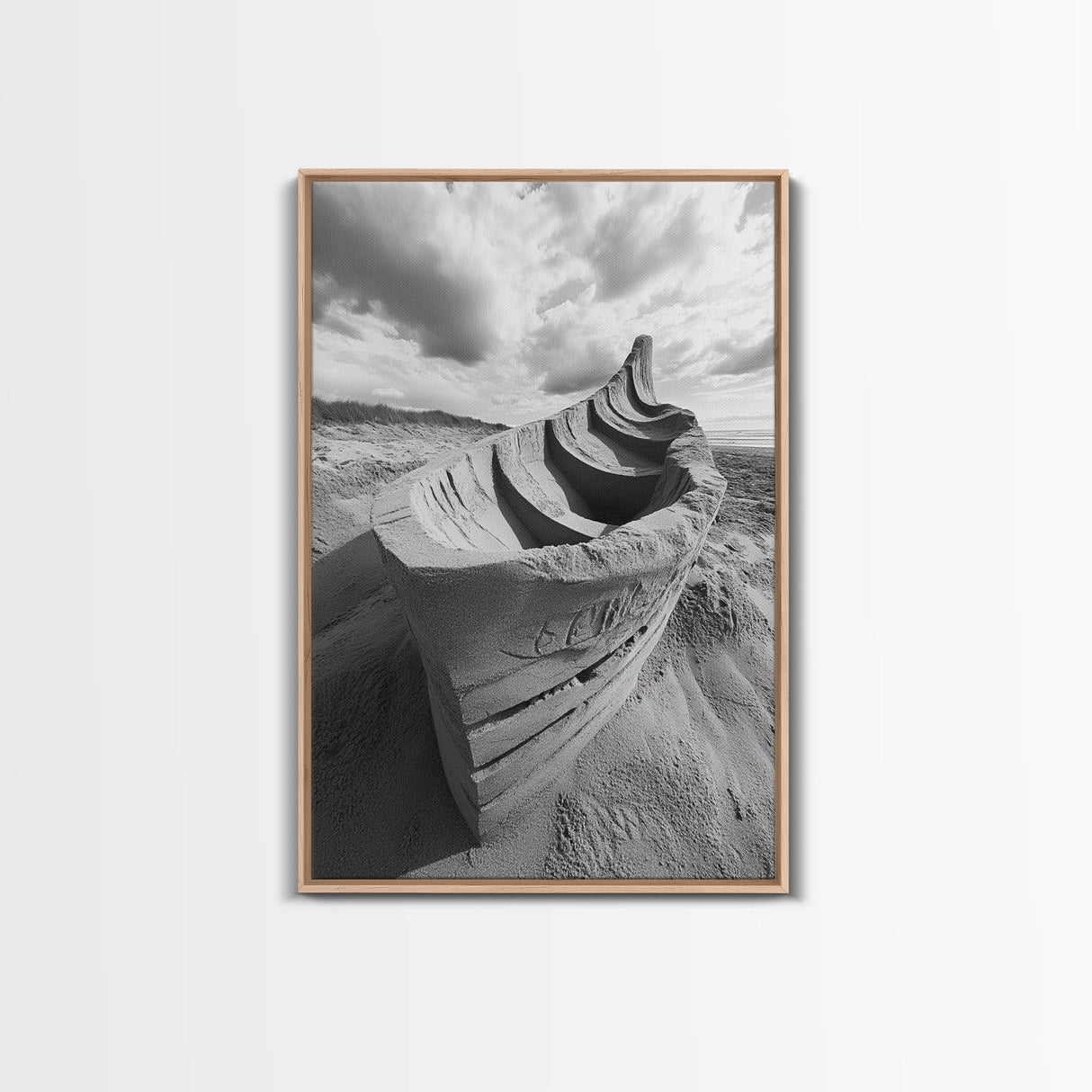Sand Boat, Beach Sculpture, Dramatic Clouds, Textured Art, Framed Canvas Print, nautical wall art, coastal boho decor, modern beach print