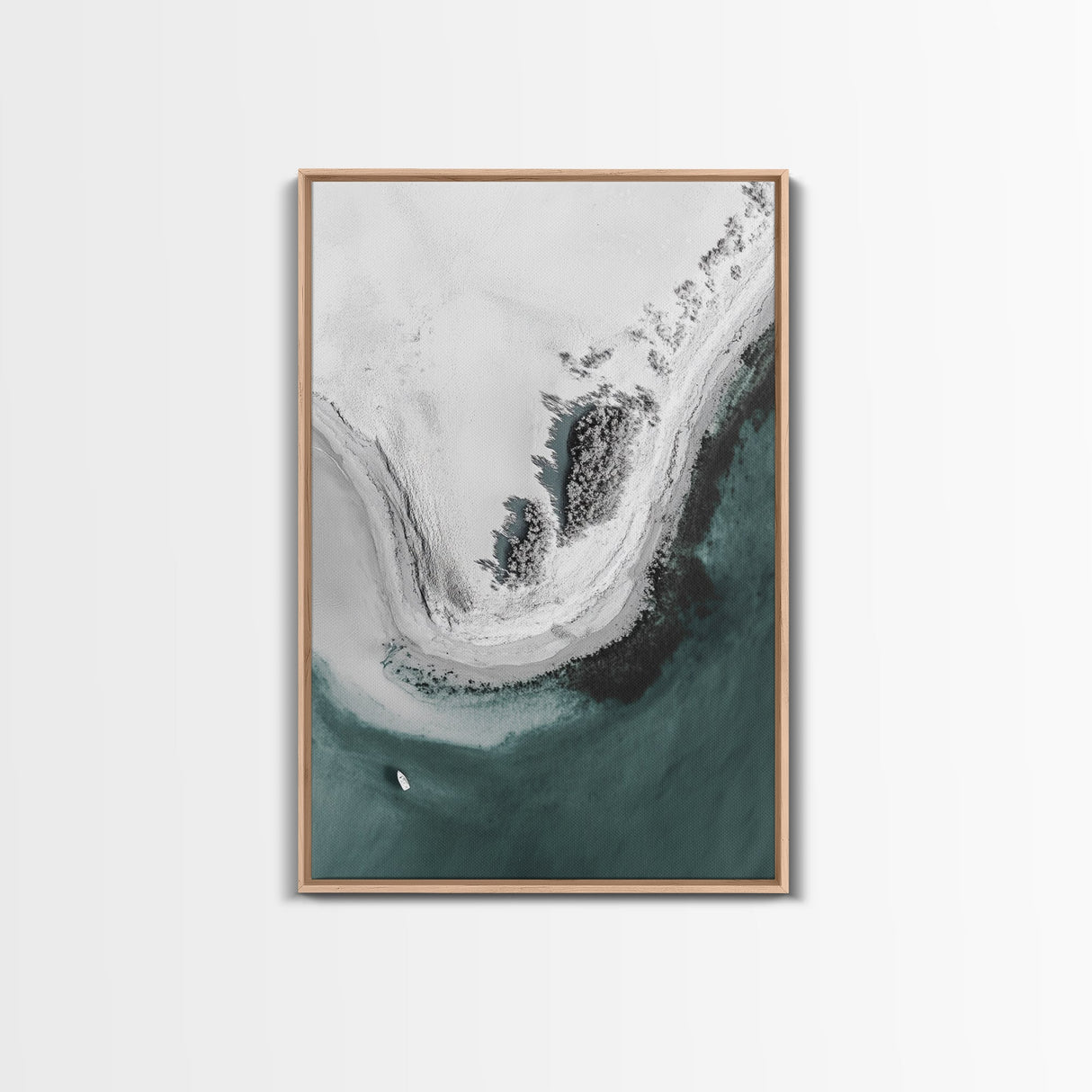 Aerial Beach, Turquoise Sea, Minimal Shoreline, Boat View, Canvas Print, coastal minimalist art, bathroom wall art, modern ocean photo
