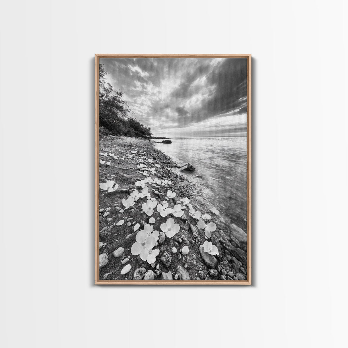 Flower Shore, Peaceful Beach, Moody Sky, Petal Scape, Framed Canvas Print, romantic beach art, bedroom decor, black and white floral print
