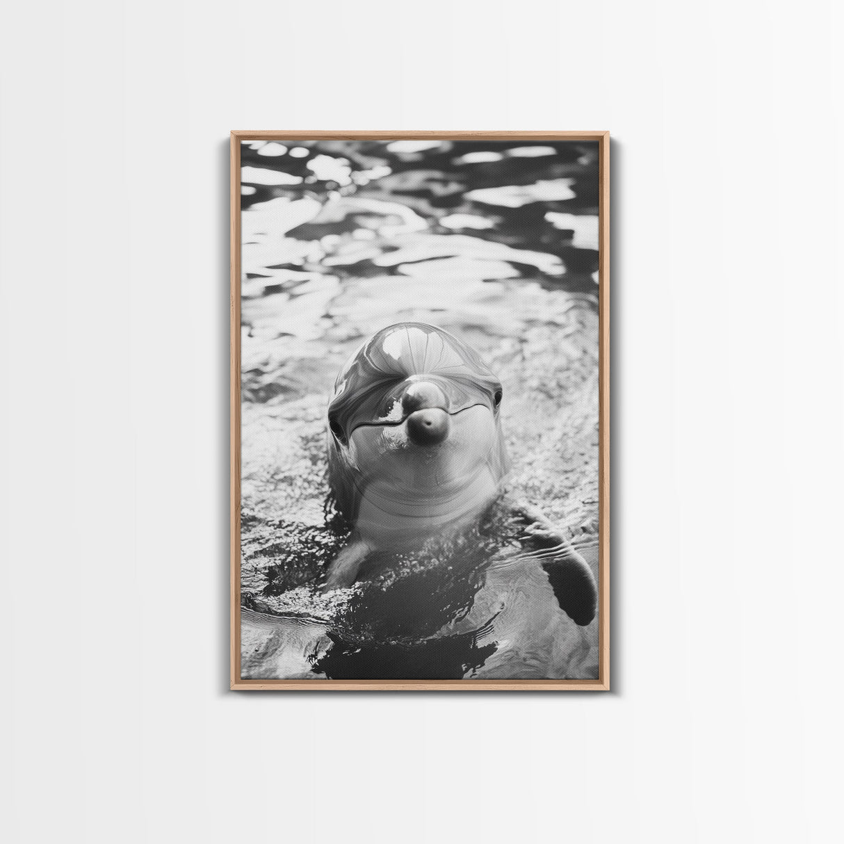 Dolphin Smile, Ocean Friend, Water Reflections, Gentle Waves, Framed Canvas Print, Kids Bathroom Art, Marine Life Decor, Playroom Artwork