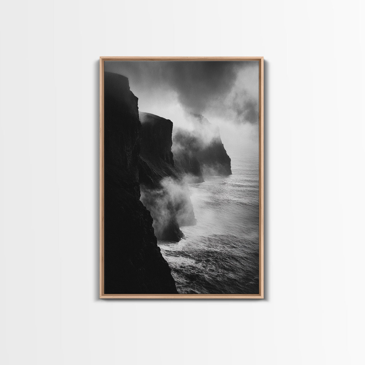 Stormy Cliffs, Ocean Fog, Monochrome Coast, Wild Nature Framed Canvas Print, moody wall art, rustic living room decor, dark aesthetic