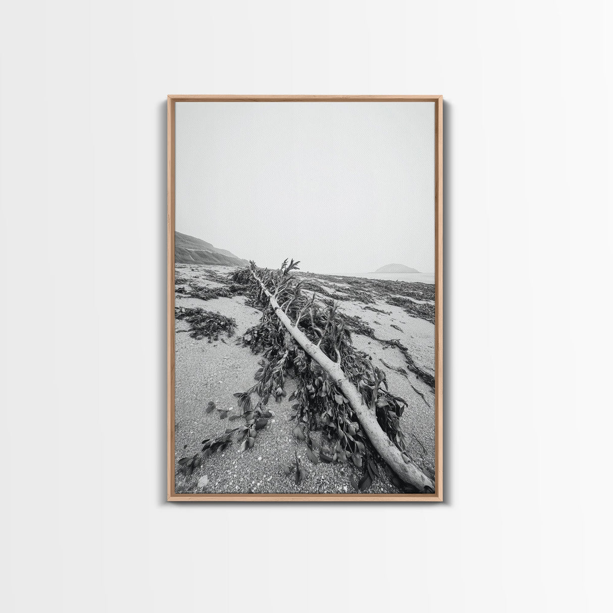 Seaweed Shoreline, Drifted Beauty, Coastal Debris, Tide Echo Framed Canvas Print, ocean nature wall art, minimalist beach decor