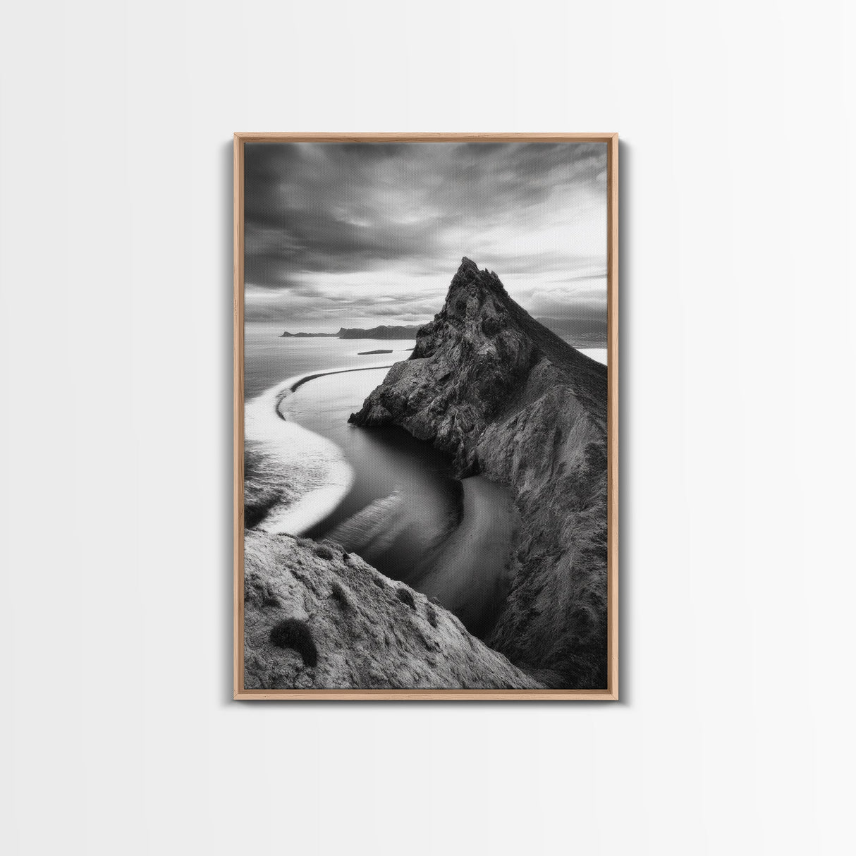 Mountain Peak, Coastal Horizon, Nature Majesty, Serene Edge Framed Canvas Print, modern landscape art, minimalist bedroom decor