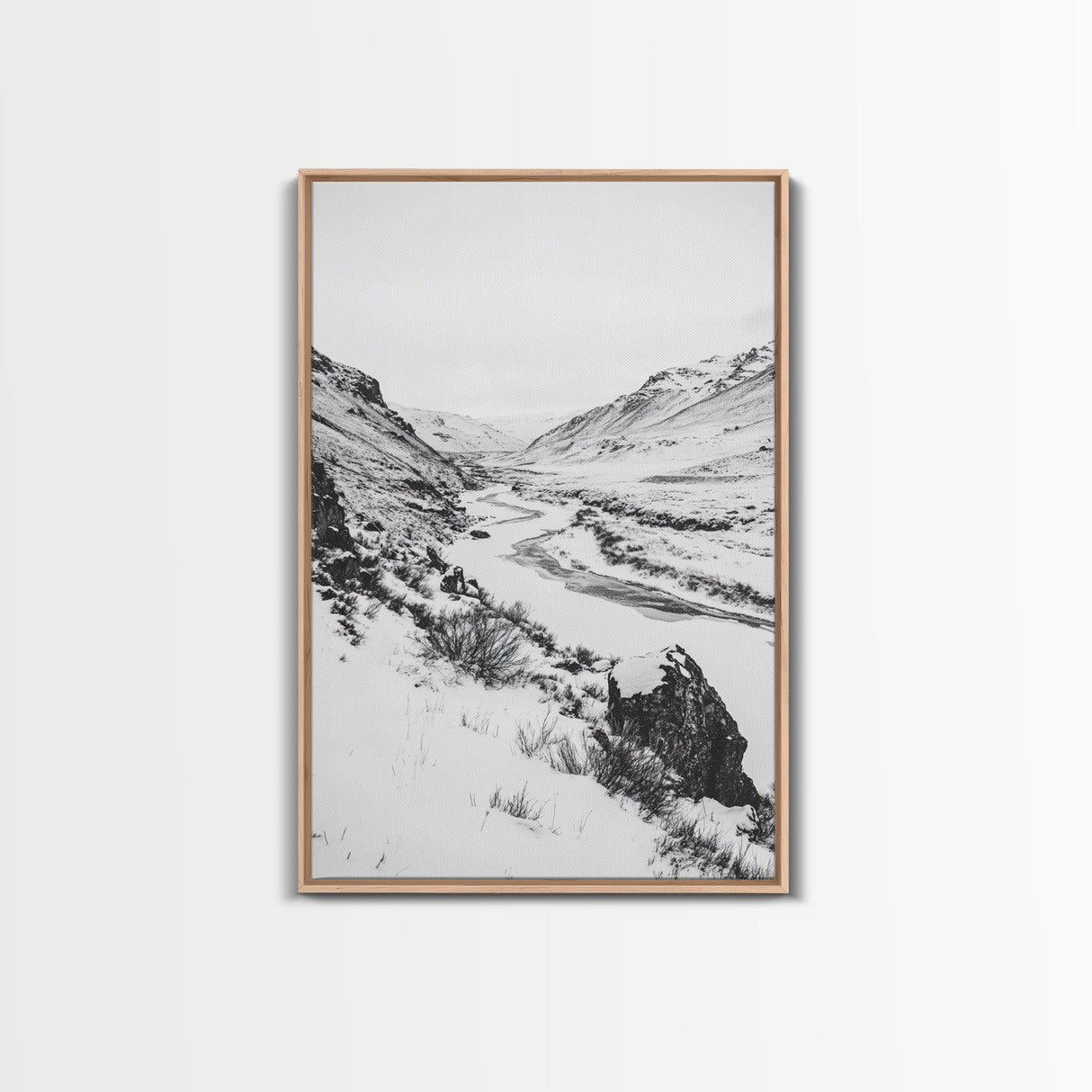 Snowy Canyon, Winter Valley, Frozen Landscape, Framed Canvas Print, Minimalist Wall Art, Neutral Living Room or Office Decor