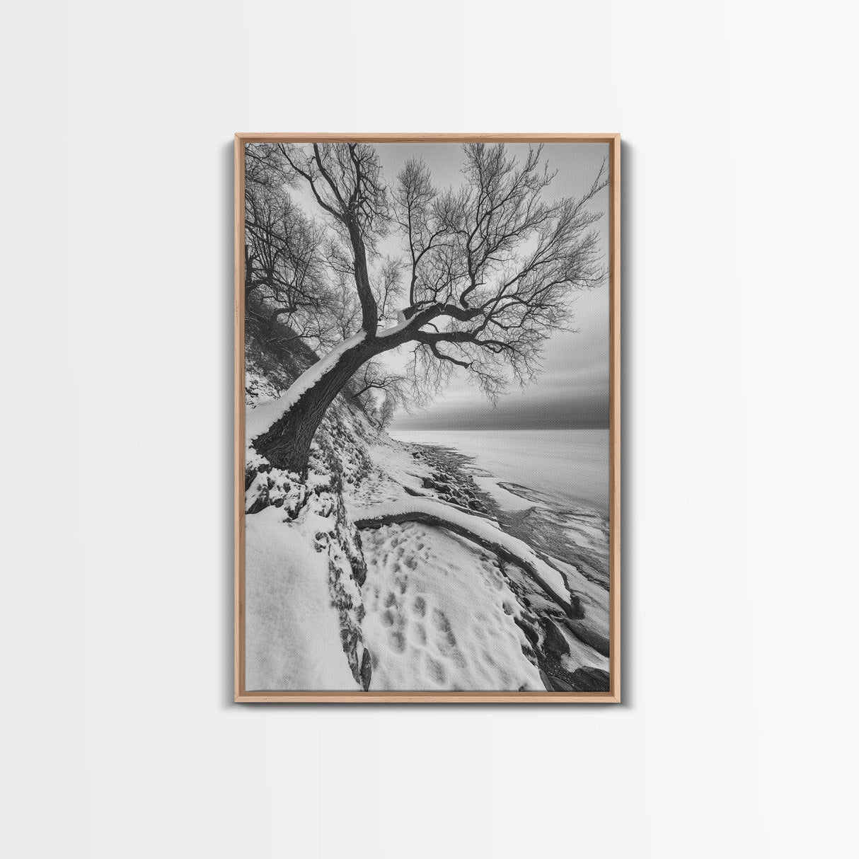 Coastal Snow, Barren Tree, Frozen Shoreline, Canvas Print, Serene Winter Decor, Entryway or Hallway Minimalist Wall Art