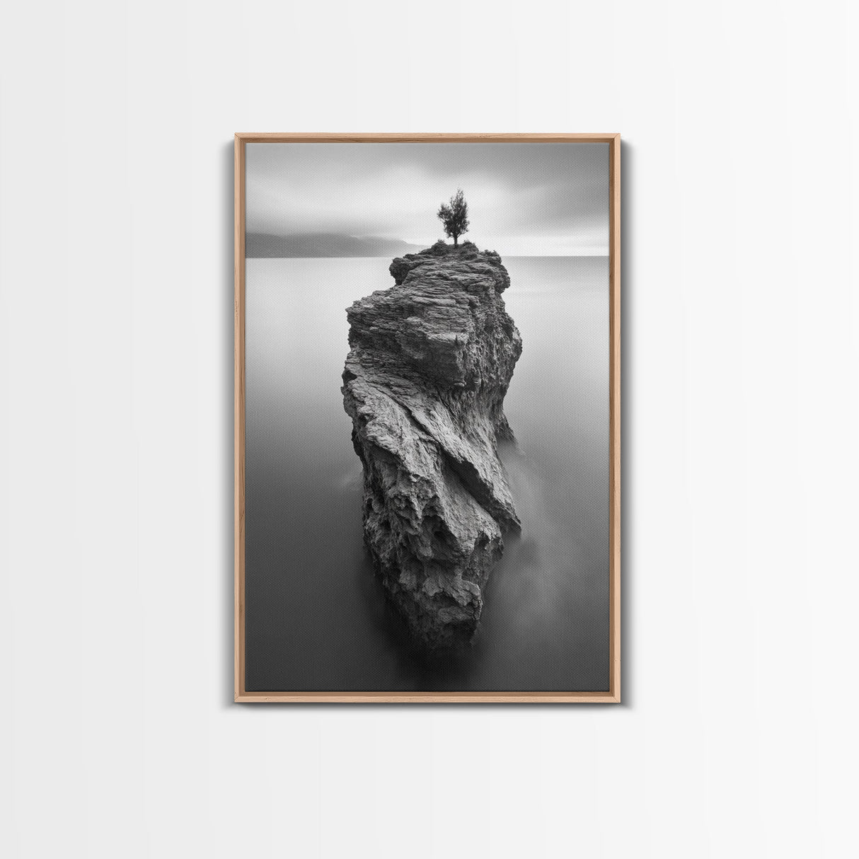 Solitary Cliff Tree, Calm Waters, Moody Horizon, Framed Canvas Print, Minimalist Nature Wall Art, Office Wall Decor, Zen Art