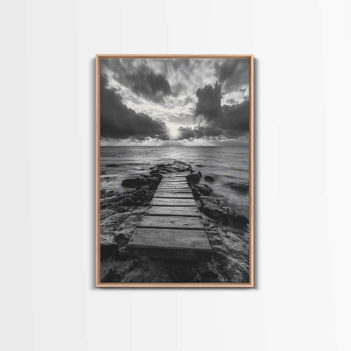 Ocean Pier Sunset, Dramatic Clouds, Seascape Pathway, Canvas Print, Coastal Living Room Art, Tranquil Decor, Minimalist Style