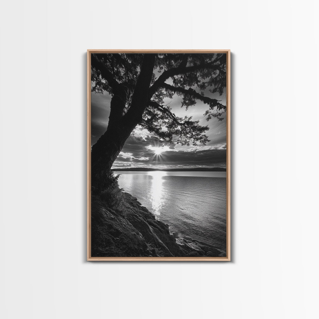Tranquil Lake Sunset, Tree Silhouette, Calm Waters, Canvas Print, Nature Inspired Wall Art, Relaxing Bedroom Decor, Minimalist Zen