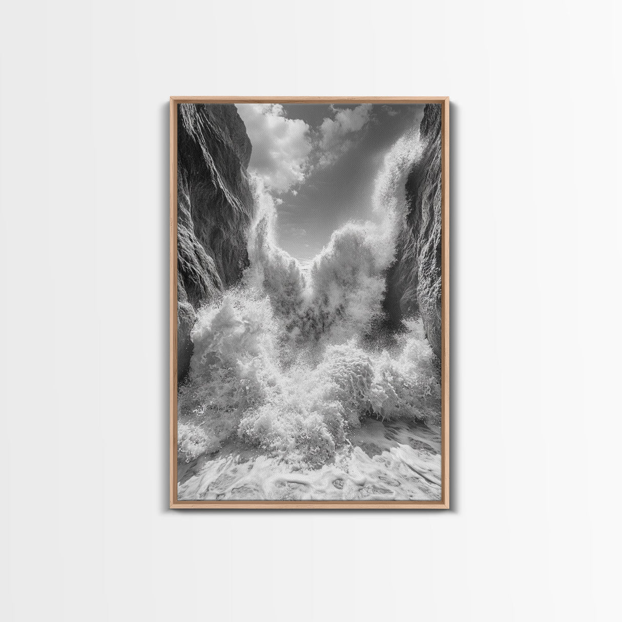 Ocean Splash, Cliff Waves, Nature Power, Dramatic Seascape, Framed Canvas Print, Living Room Statement, Black and White Wall Art