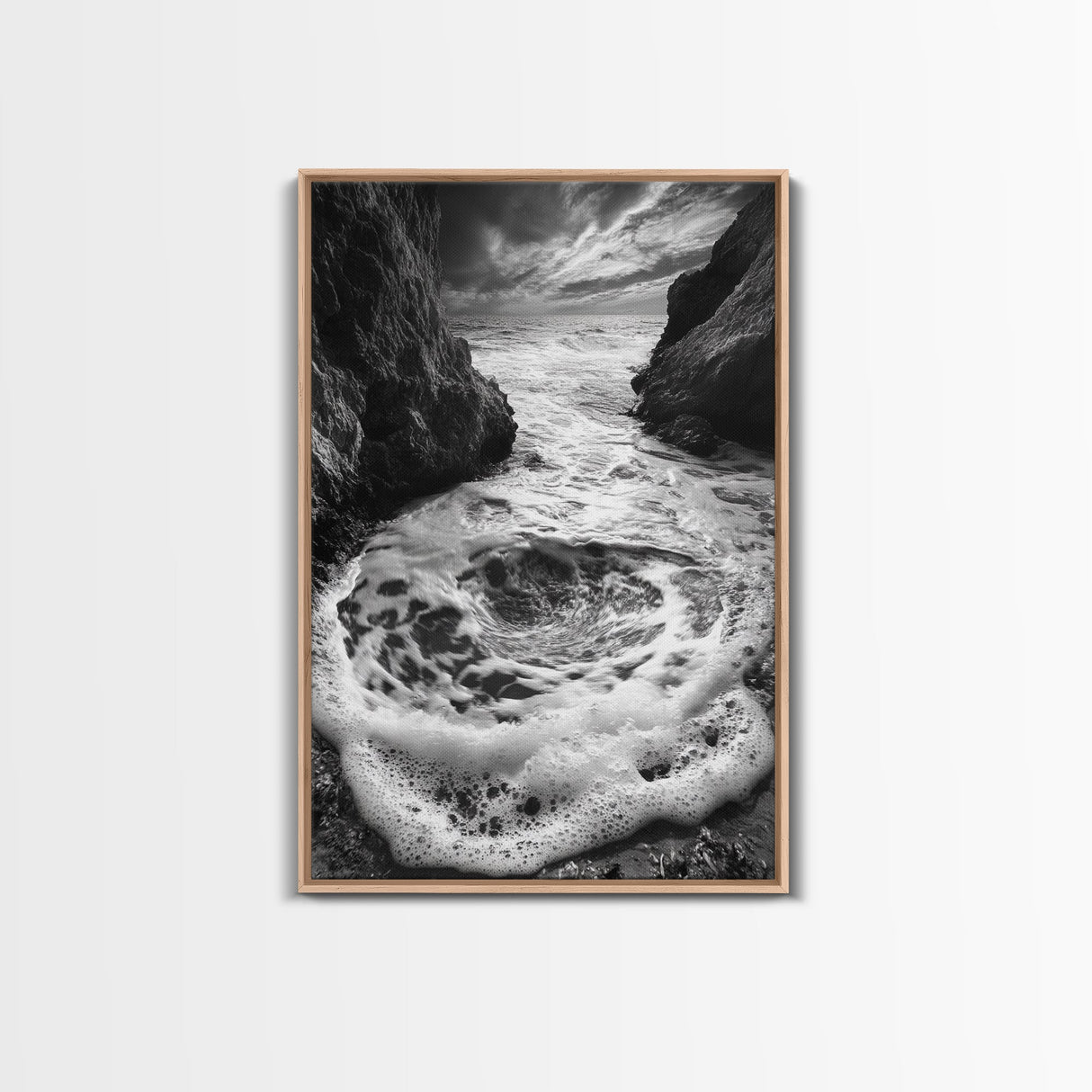 Sea Whirlpool, Dramatic Ocean, Coastal Rocks, Nature Motion, Framed Canvas Print, Bathroom Art, Modern Seaside Wall Decor