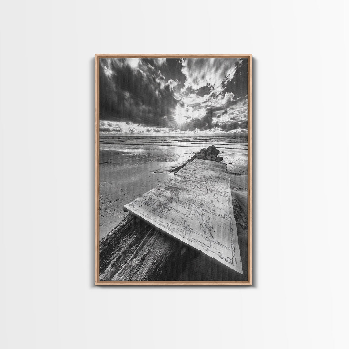 Map On Beach, Travel Adventure Art, Wanderlust Decor, Coastal Office Style, Framed Canvas Print, Explorer Aesthetic, Black White Scene
