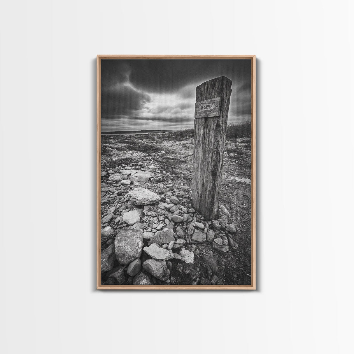 Weathered Exit, Symbolic Marker, Coastal Path, Canvas Print, Rustic Wall Art, Moody Landscape Decor, Entryway Statement Piece