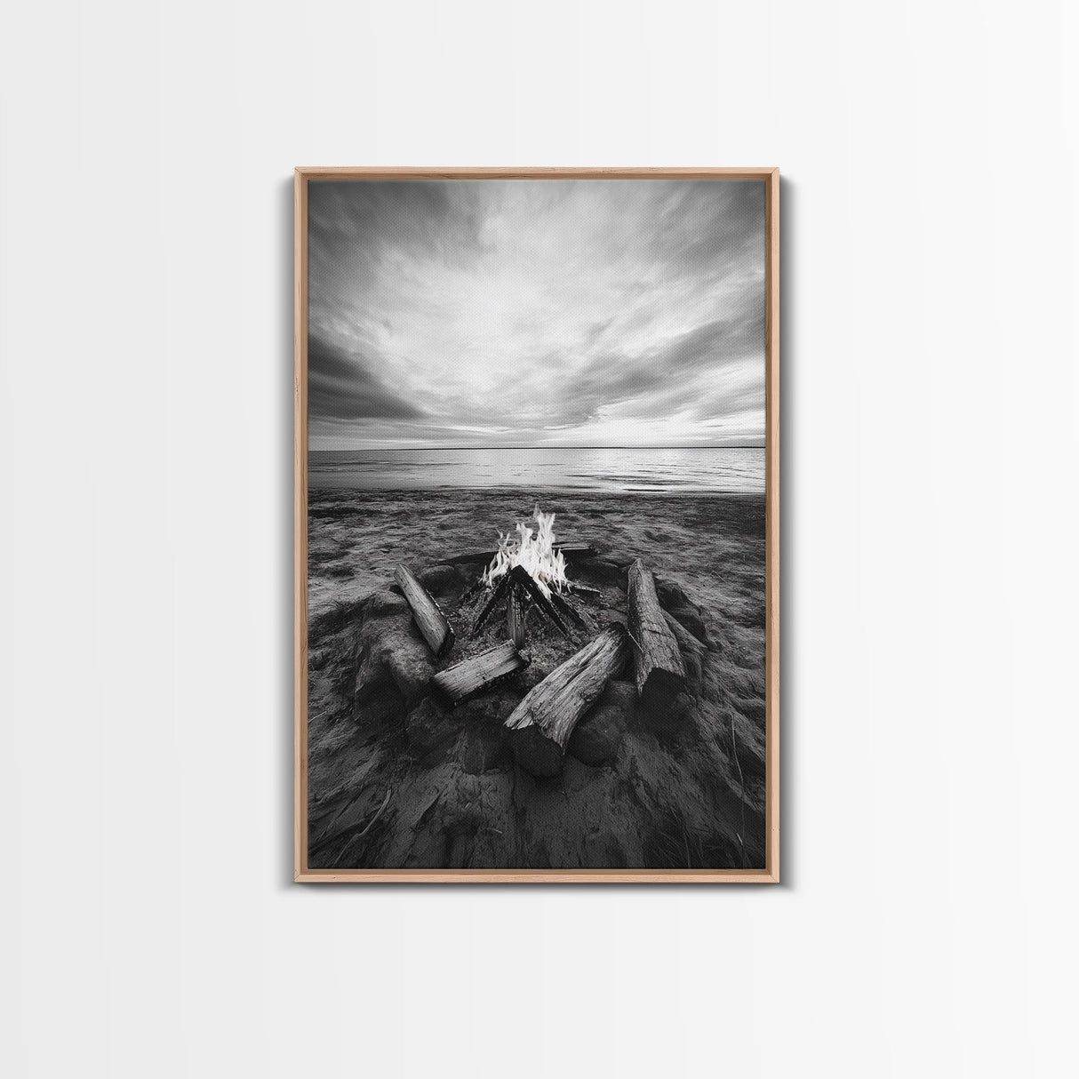 Coastal campfire glow, serene seaside bonfire, sunset flames, sandy warmth, Framed Canvas Print, Fall decor, cozy cabin wall art