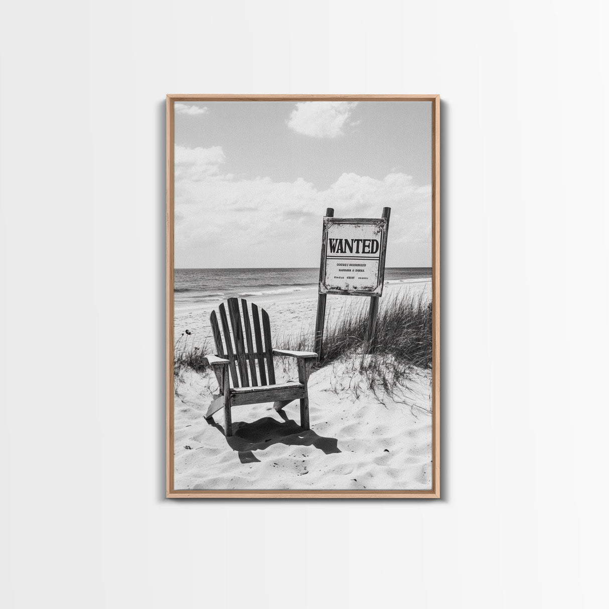 Wanted Poster, Beach Chair, Western Humor, Framed Canvas Print, Man Cave Decor, Coastal Country Style, Black and White Photography