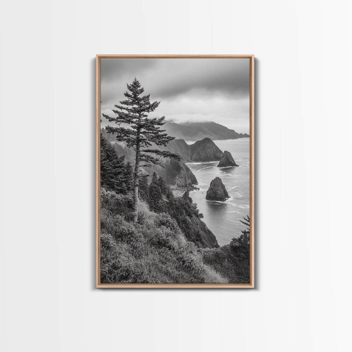 Oregon Coastline View, Misty Cliffs, Evergreen Forest, Coastal Vibes, Framed Canvas Print, Rustic Cabin Art, Living Room Wall Decor