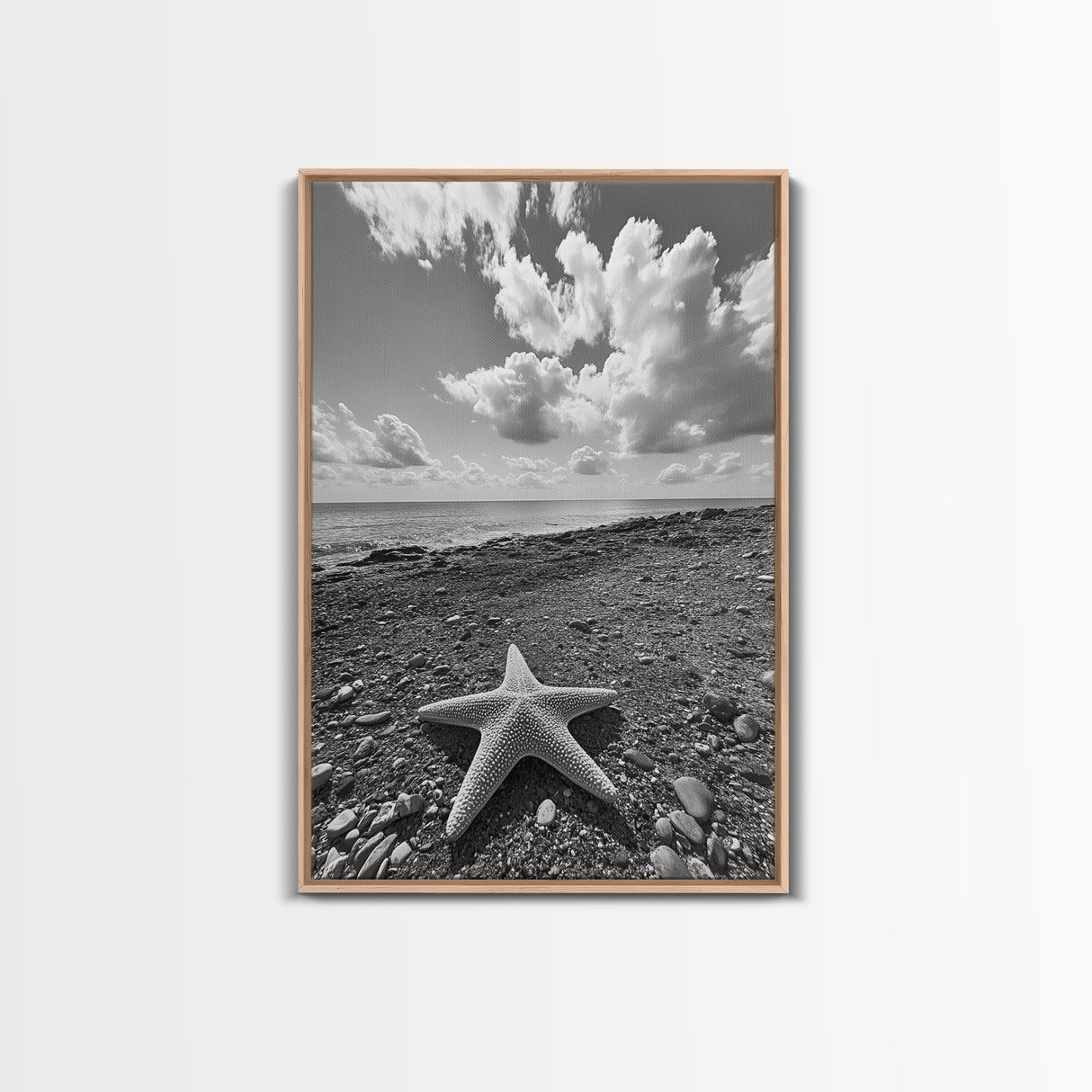 Starfish on Shore, Rocky Beach Scene, Cloudy Sky Horizon, Ocean Calm, Framed Canvas Print, Coastal Art, Bathroom Wall Decor