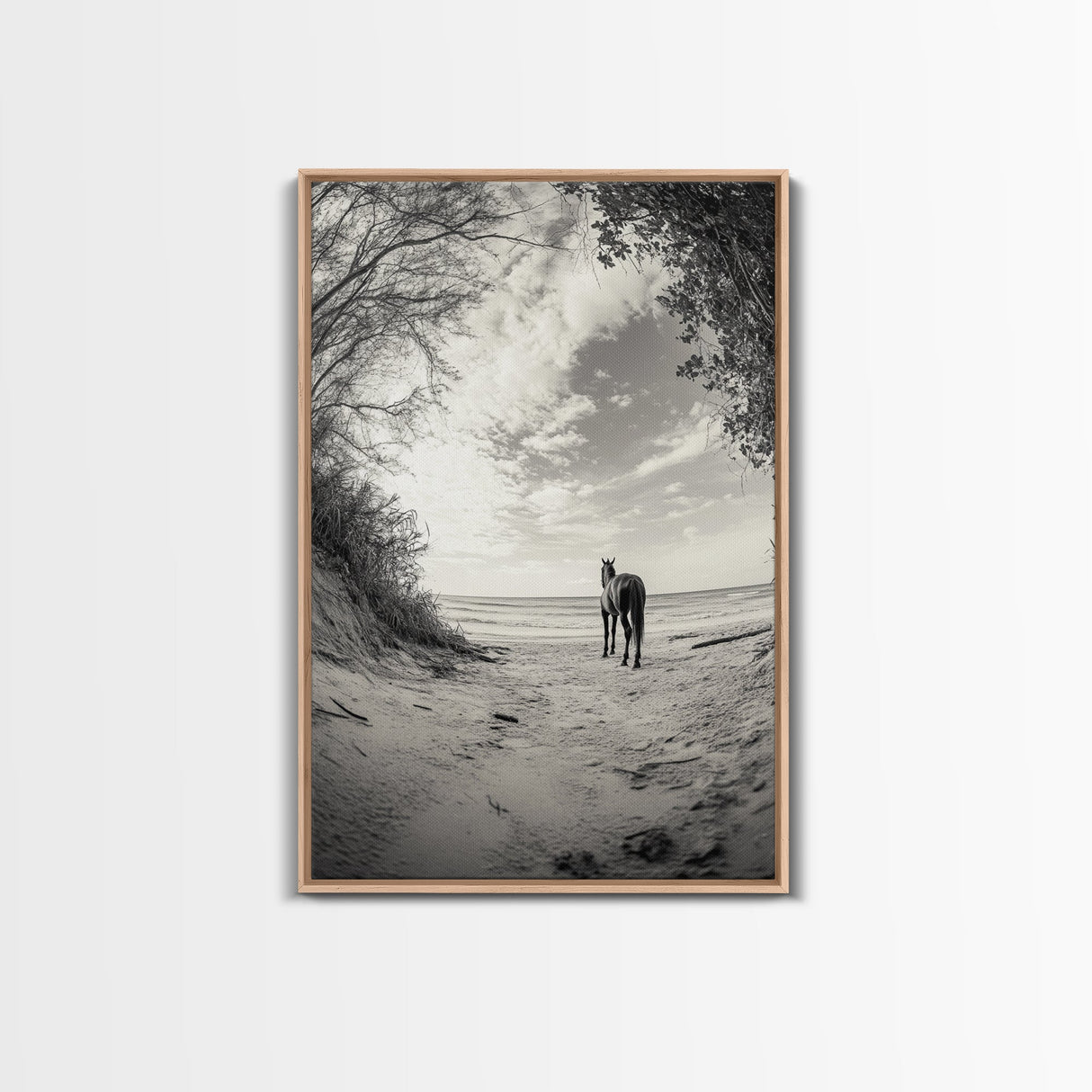 Horse on Shore, Ocean Path Scene, Wild Beauty, Serene Escape, Framed Canvas Print, Boho Wall Art, Bedroom or Entryway Decor