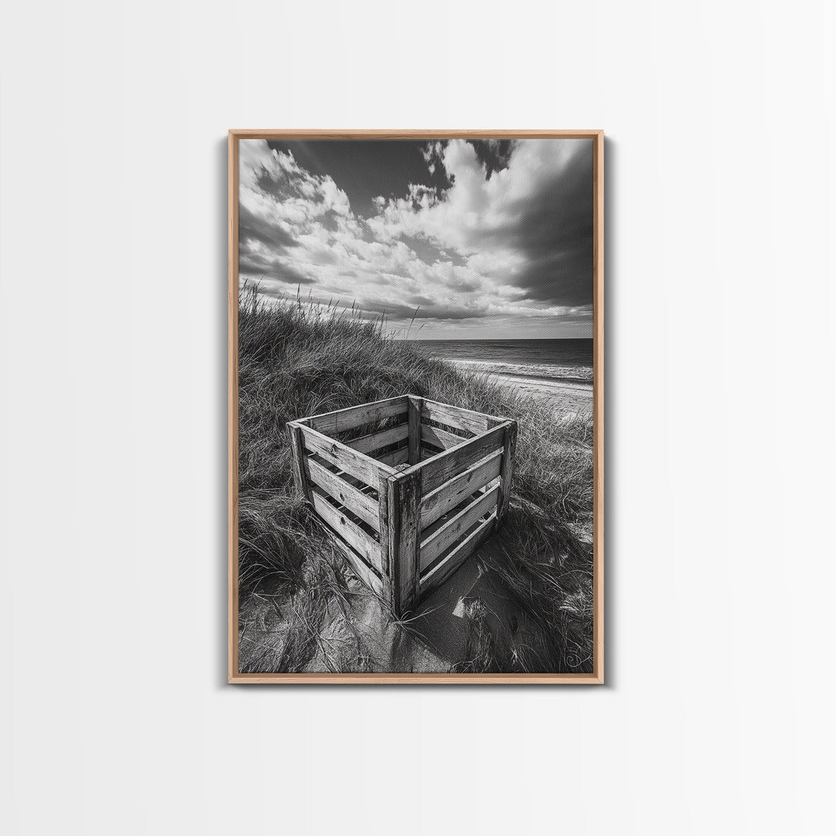 Weathered Crate, Ocean Dunes, Coastal Photography, Canvas Print, Beach House Wall Art, Minimalist Rustic Decor, Bathroom Wall Art