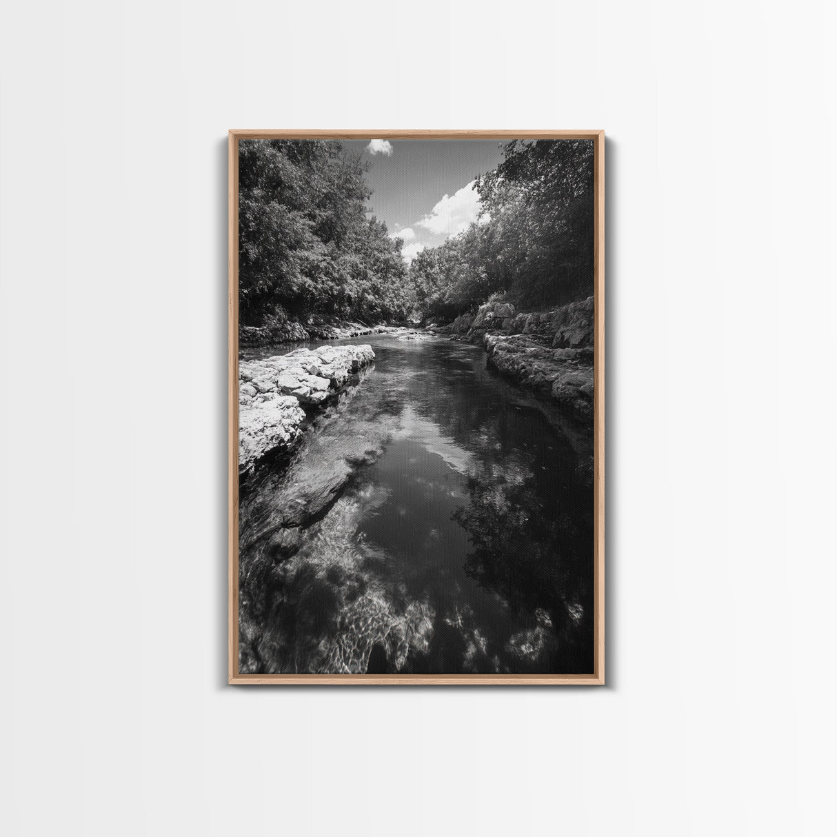 River Reflection, Nature Calm, Forest Stream, Canvas Print, Black and White Landscape Wall Art, Rustic Bathroom Decor, Tranquil Home Vibe