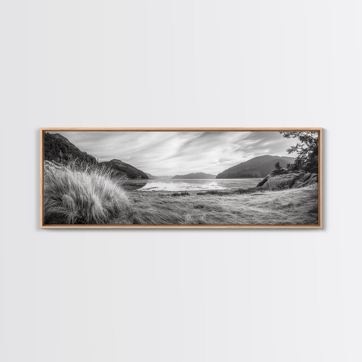 Mountain Lake Calm, Tranquil Nature Reflection, Forest Valley Art, Framed Canvas Print, Minimalist Wall Decor, Serene Landscape Print
