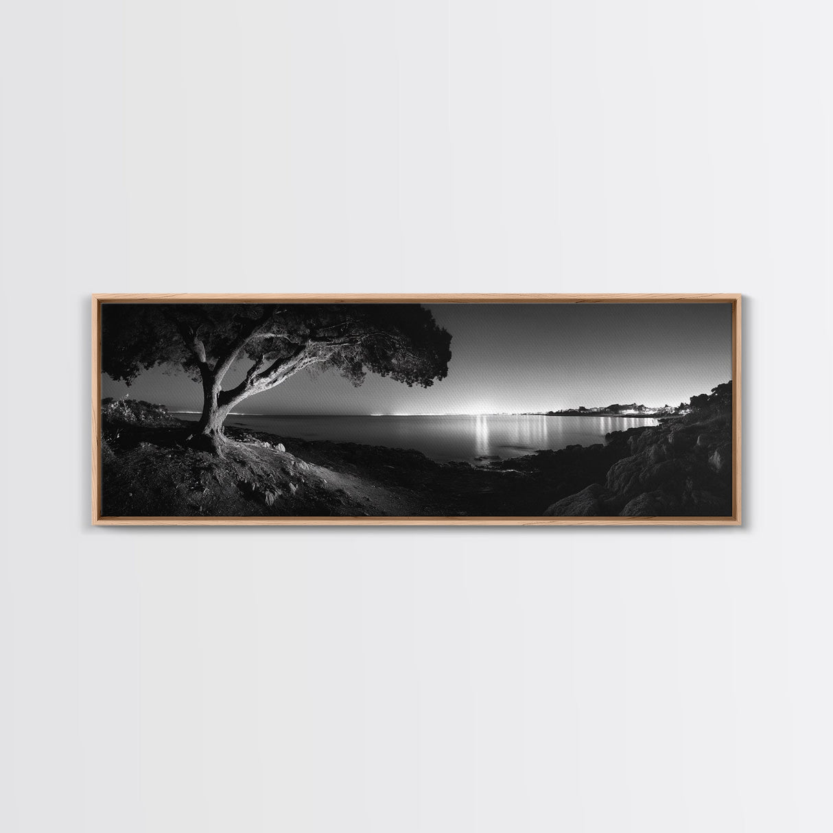 Coastal Night, Tree Silhouette, City Horizon, Framed Canvas Print, Moody Landscape Art, Modern Living Room Wall Decor