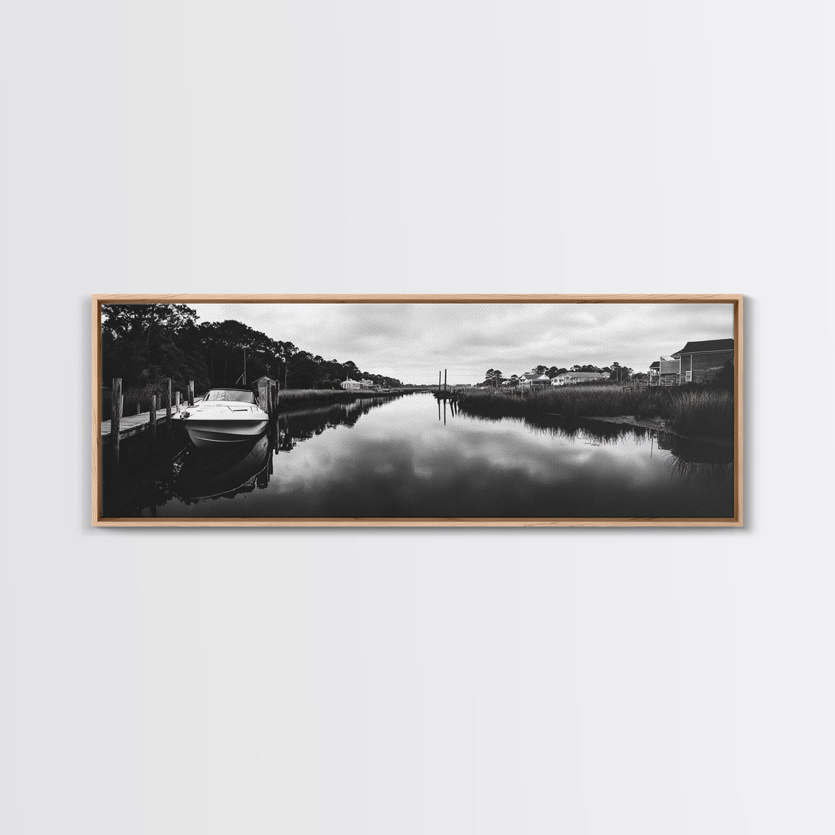 Boat Dock, Quiet Bay, Marina Reflections, Framed Canvas Print, Nautical Wall Art, Lakehouse Decor, Minimalist Coastal Vibes, Black White Art