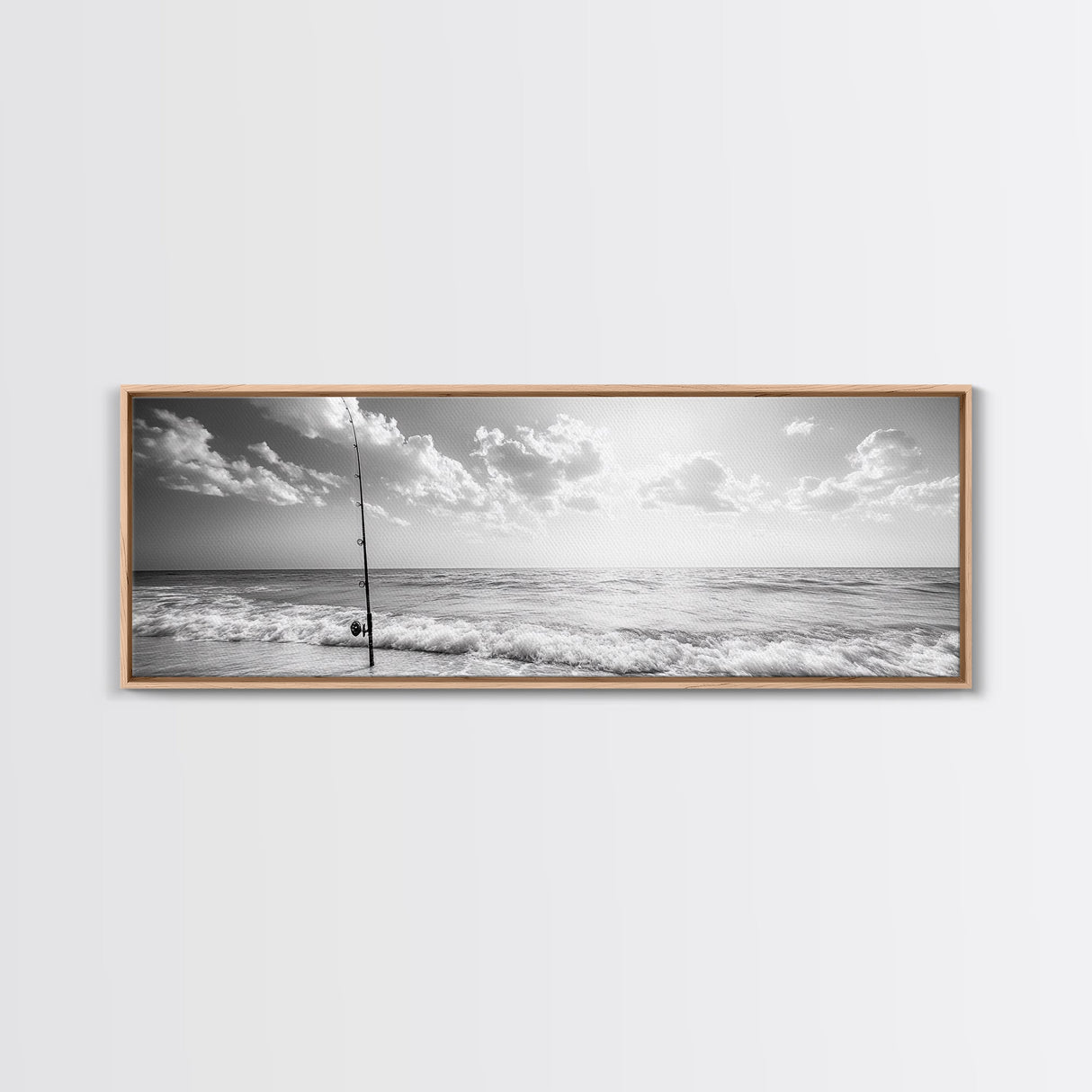 Beach Fishing, Ocean Waves, Rod and Reel, Framed Canvas Print, Coastal Living Wall Art, Minimalist Nautical Decor, Beach House Aesthetic
