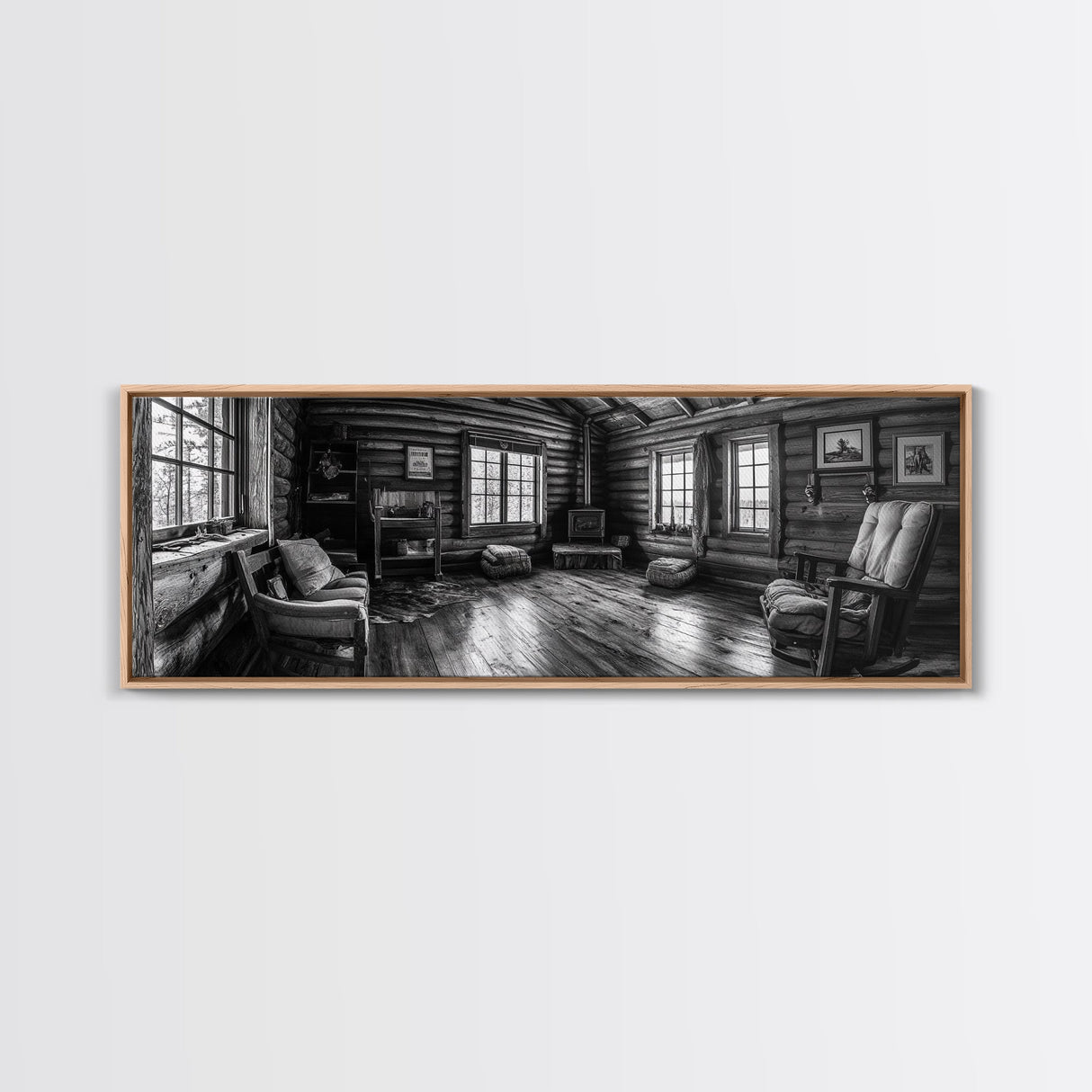 Rustic Cabin, Cozy Interior, Nature Retreat, Framed Canvas Print, Living Room Wall Art, Black and White Photography, Lodge Decor