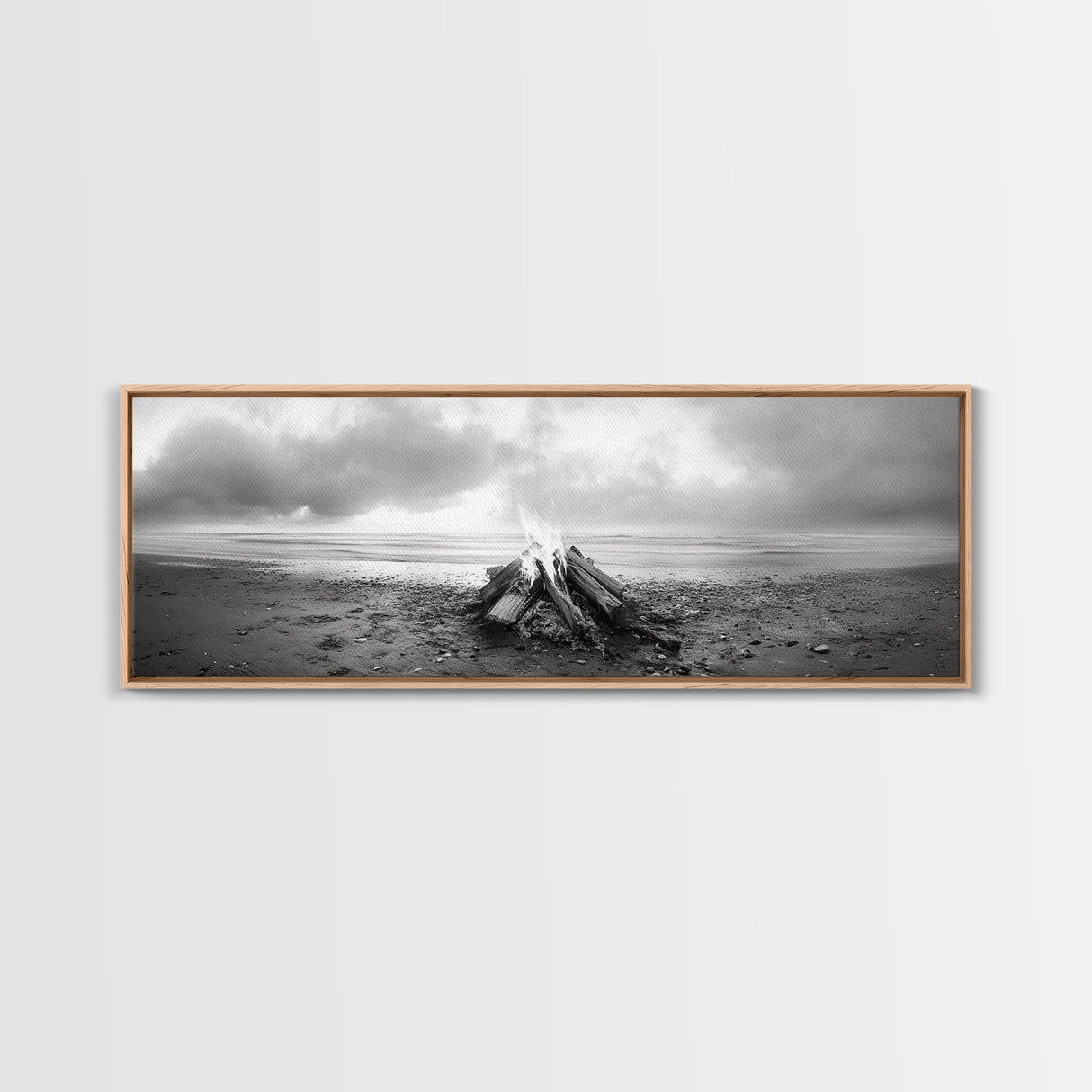 Beach Bonfire, Coastal Glow, Driftwood Fire, Ocean Calm, Framed Canvas Print, Fall Wall Art, Living Room Decor, Nature Photography Style