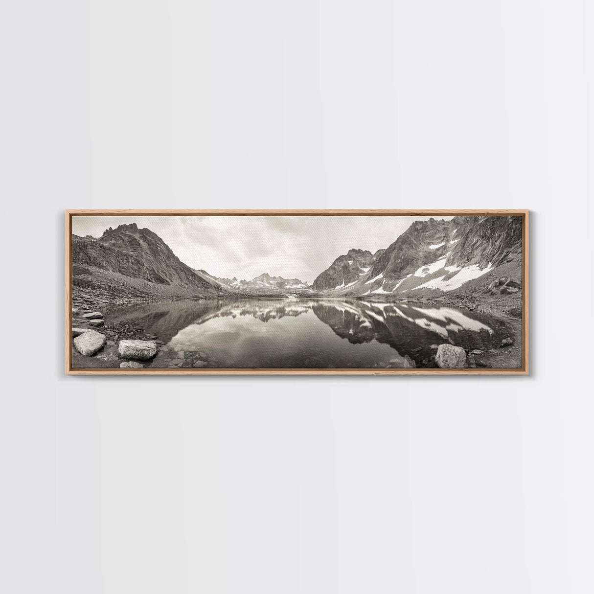 Alpine Reflection, Snowy Peaks, Tranquil Water, Framed Canvas Print, Nature Photography, Minimalist Wall Art, Bedroom or Office Decor