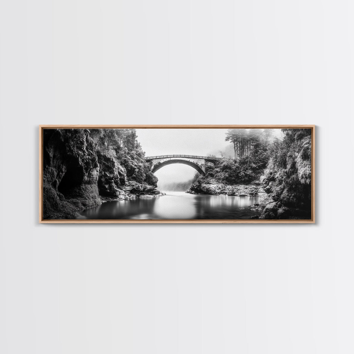 Stone Bridge, Forest River, Morning Mist, Canvas Print, Black and White Landscape, Nature Wall Art, Rustic Bathroom Art, Den Decor