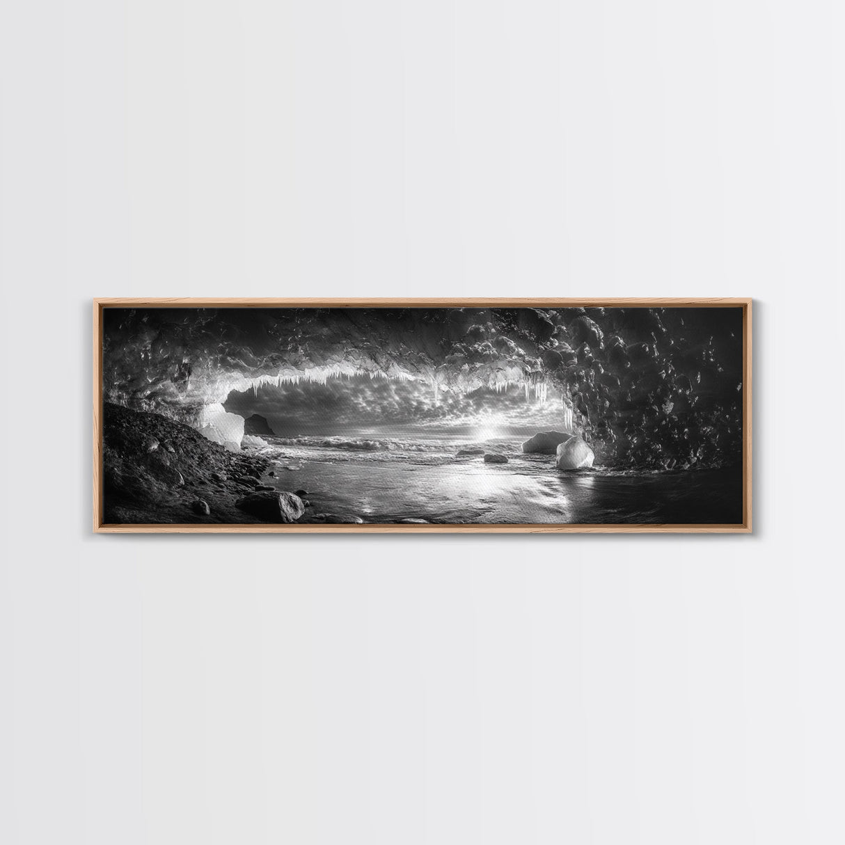 Ice Cave, Winter Seascape, Arctic Sunset, Canvas Print, dramatic frozen landscape art, black and white Christmas decor, cozy winter home art