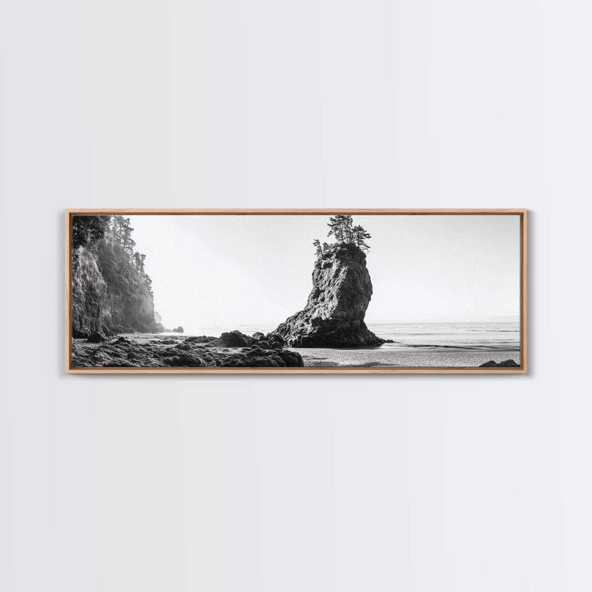Sea Stack, Rugged Coast, Ocean Cliffside, Framed Canvas Print, Coastal landscape, Nature photography, Office wall art, Monochrome design