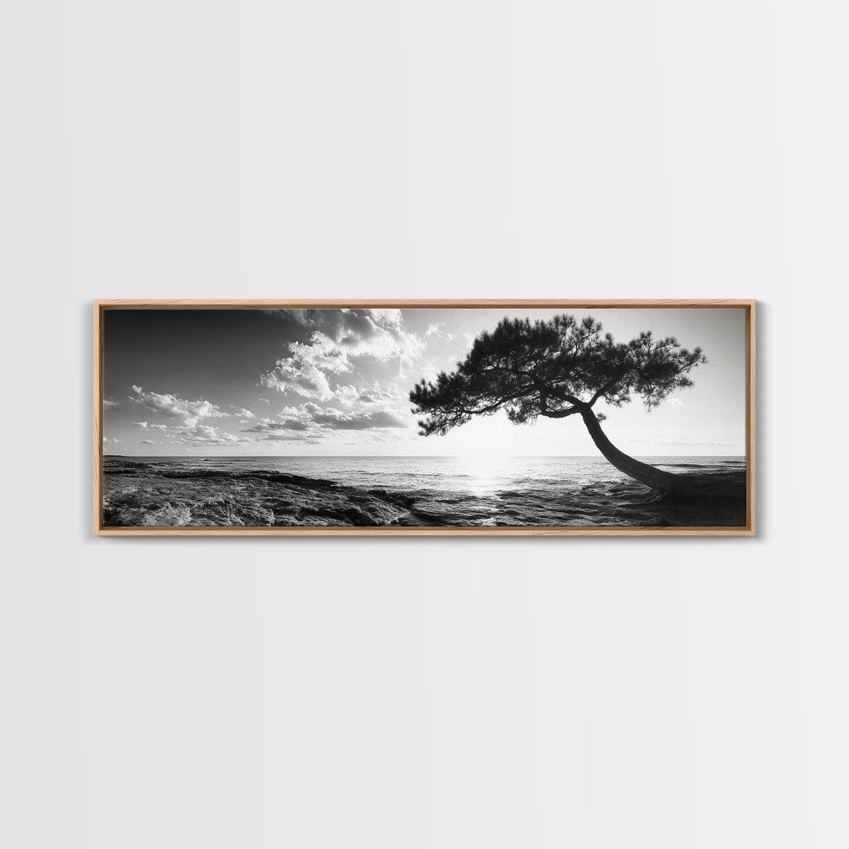 Lone Tree, Coastal Sunset, Ocean Horizon, Framed Canvas Print, Tranquil Landscape Art, Meditation Room Wall Art, Nature Zen Decor