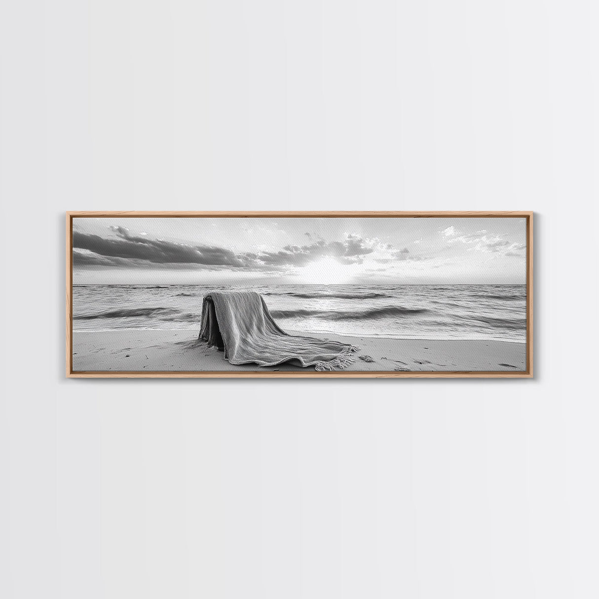 Blanket Beach, Woven Texture, Ocean Sunset, Tranquil Shore, Framed Canvas Print, Boho Wall Art, Bedroom Decor, Soft Coastal Photography Style