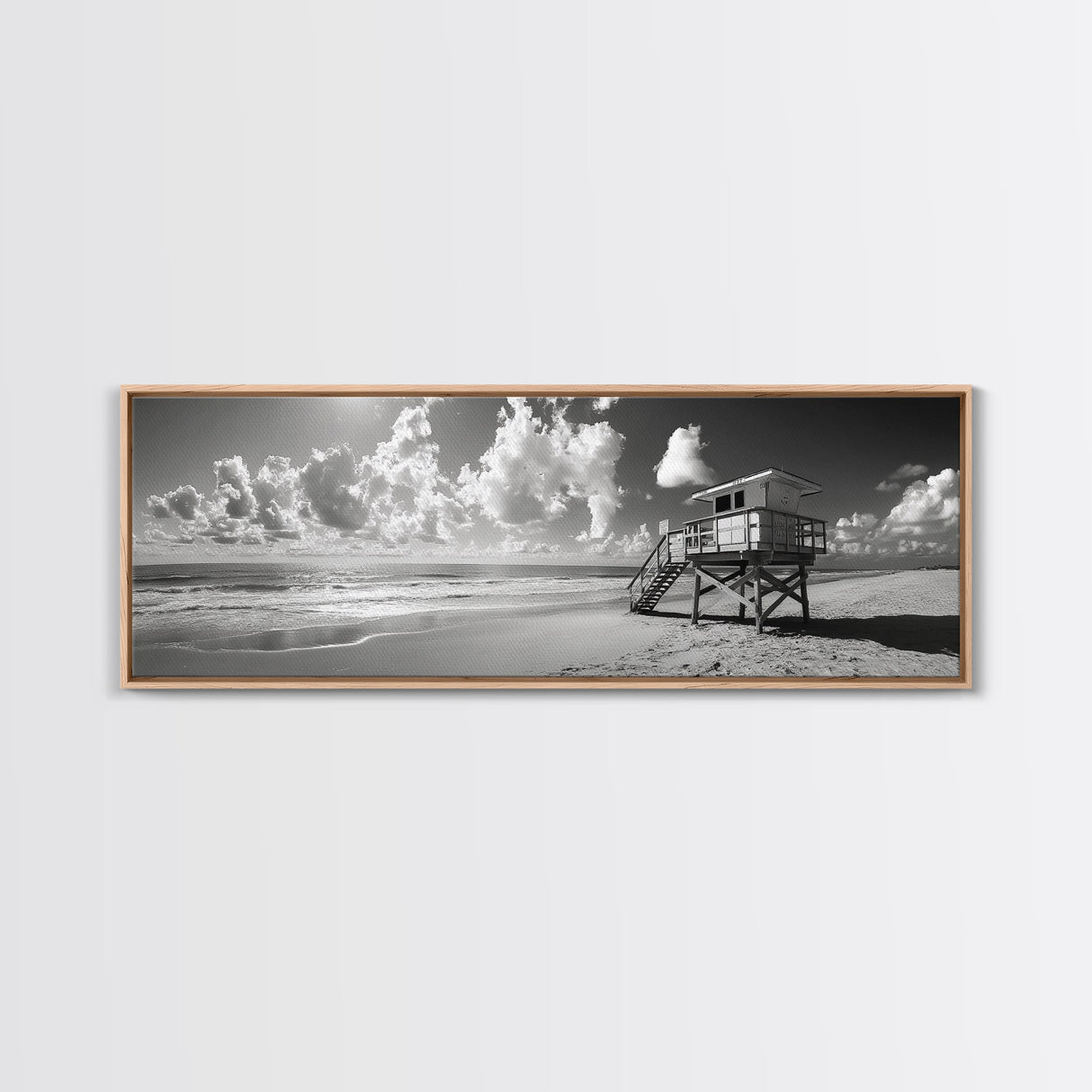 Lifeguard Tower Sky, Beach Scene Clouds, Surfside Minimalism, Framed Canvas Print, Bathroom Wall Art, Modern Coastal Decor