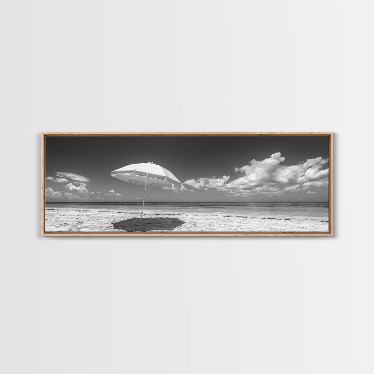 Beach Umbrella, Sunny Sky, Ocean Escape, Seaside Shade, Framed Canvas Print, Summer Wall Art, Bathroom Decor, Minimalist Coastal Style