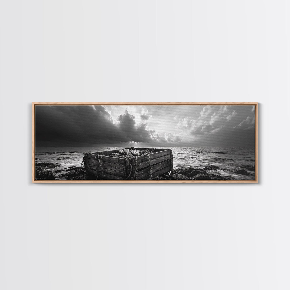 Ocean Harvest, Driftwood Crate, Coastal Mood, Framed Canvas Print, Nautical Wall Decor, Rustic Bathroom Art, Moody Coastal Artwork