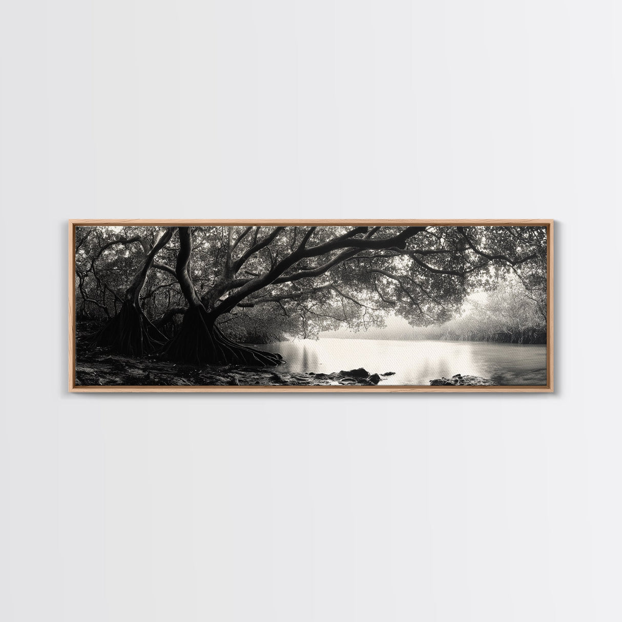 Mangrove Forest, River Flow, Rooted Stillness, Canvas Print, Zen Office Decor, Moody Jungle Art, Monochrome Nature Print