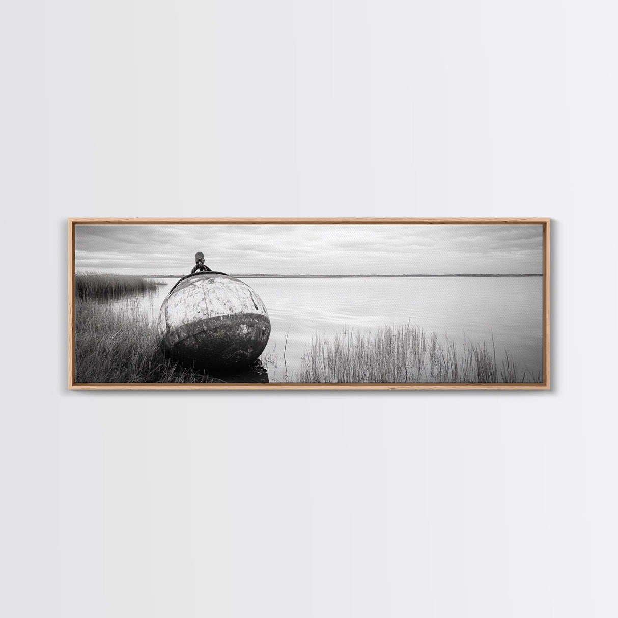 Coastal Buoy, Still Waters, Nautical Calm, Framed Canvas Print, Lakeside Bathroom Art, Maritime Style, Rustic Ocean Decor