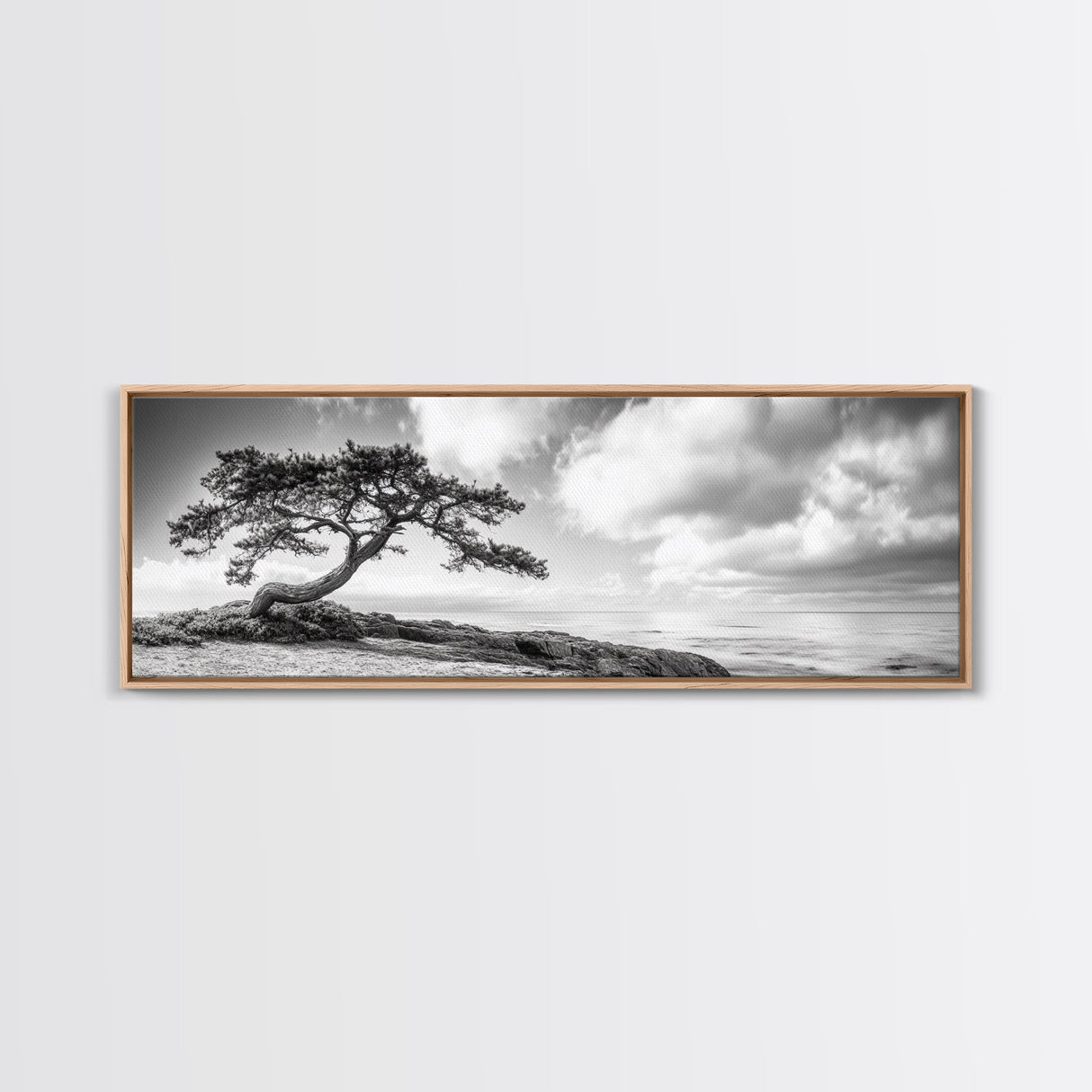 Windswept Tree, Coastal Nature, Ocean Cliff View, Framed Canvas Print, Zen Wall Art, Minimalist Decor, Calm Living Room Accent
