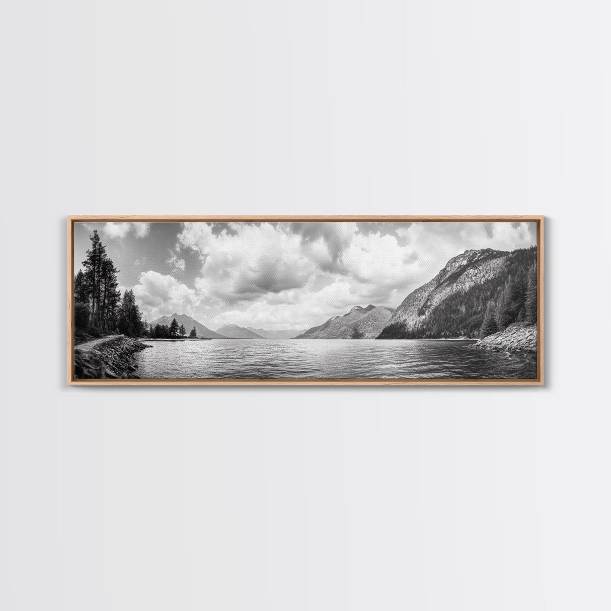 Mountain Lake, Forest Panorama, Serene Wilderness, Framed Canvas Print, Nature Lover Wall Art, Rustic Lodge Decor, Neutral Palette