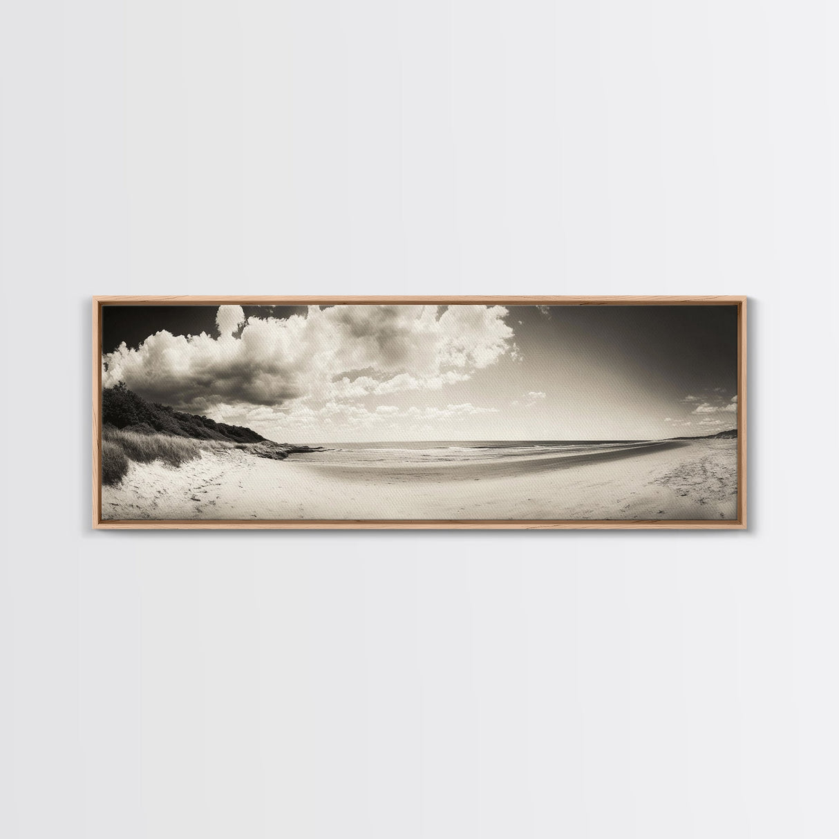 Cloudy Beach, Sandy Shoreline, Coastal Serenity, Framed Canvas Print, Neutral Tones Wall Art, Minimalist Bathroom or Hallway Decor