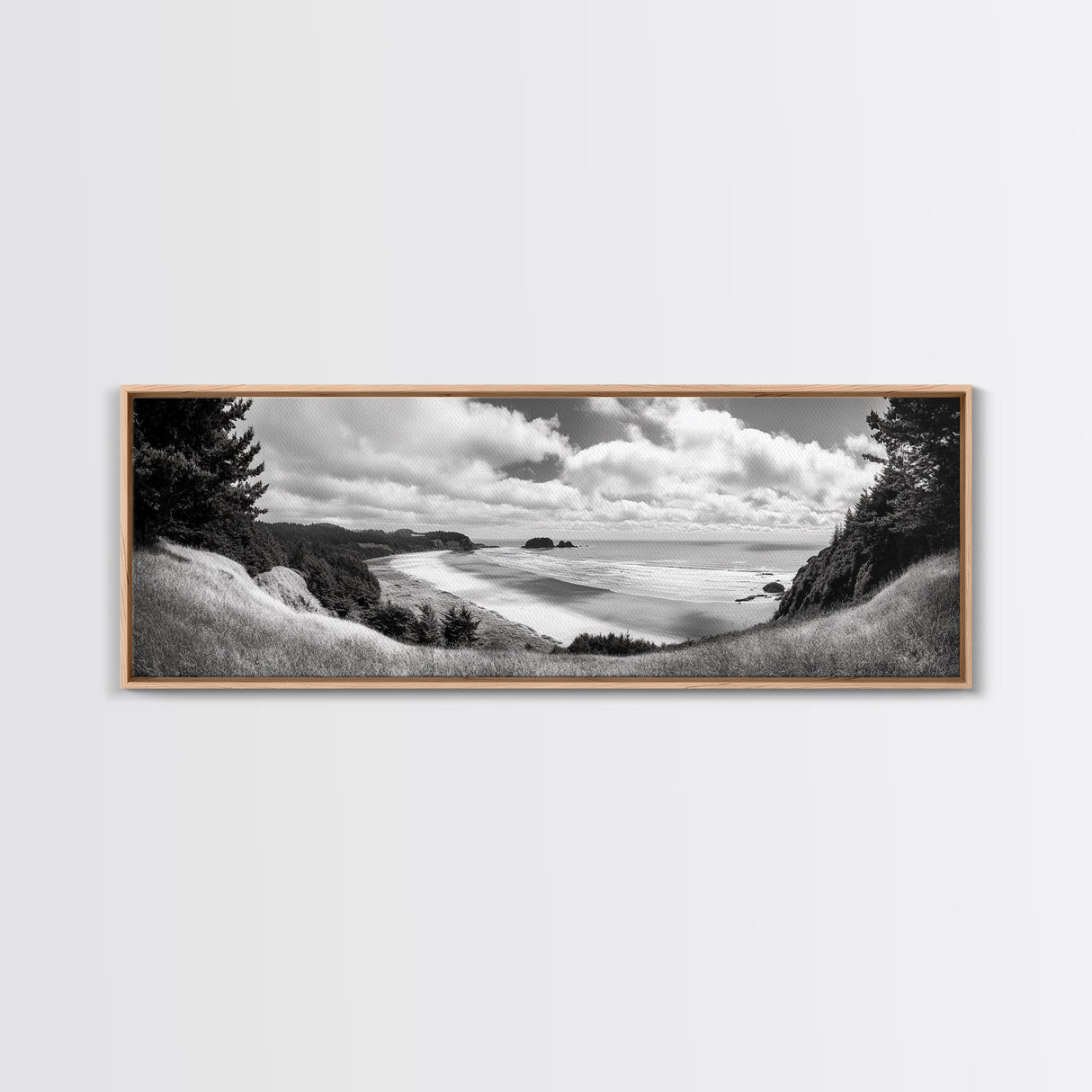 Ocean Bluff View, Seaside Hills, Coastal Forest Horizon, Framed Canvas Print, Nature Landscape Art, Living Room or Office Decor