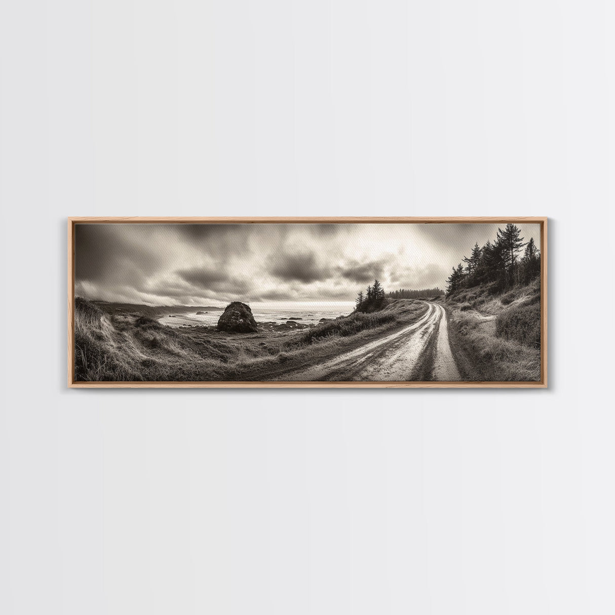 Coastal Road Journey, Overcast Ocean View, Scenic Drive Art, Framed Canvas Print, Fall Landscape Wall Art, Nature Lover, Living Room Decor