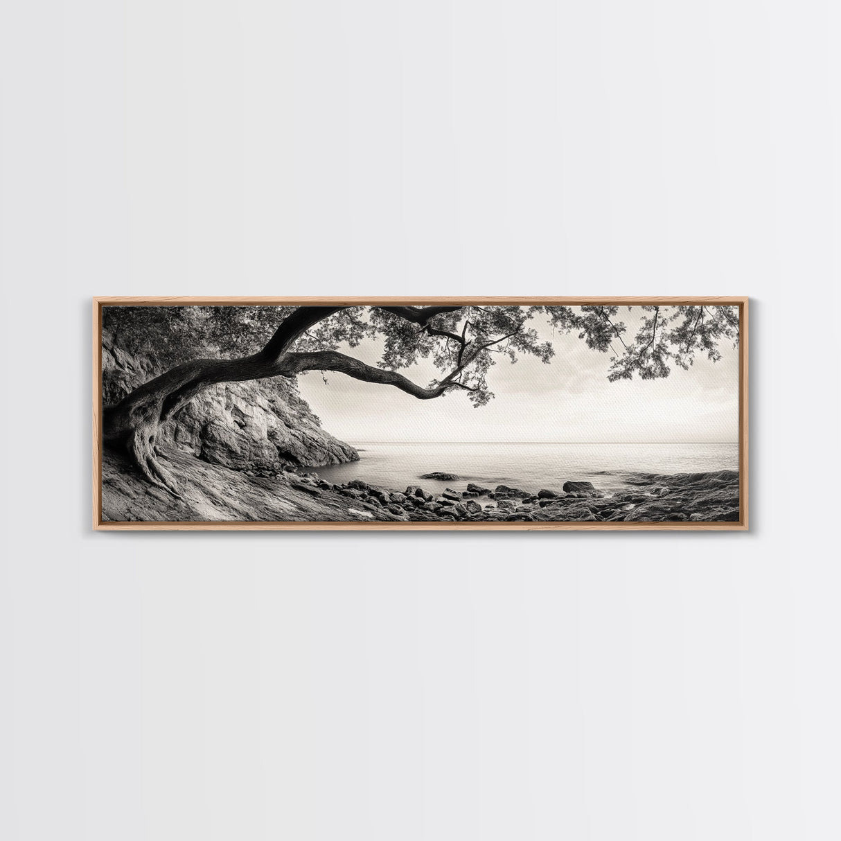 Tree By The Sea, Ocean Cliff, Black And White Nature, Framed Canvas Print, Coastal Wall Decor, Minimalist Art, Tranquil Bedroom Print