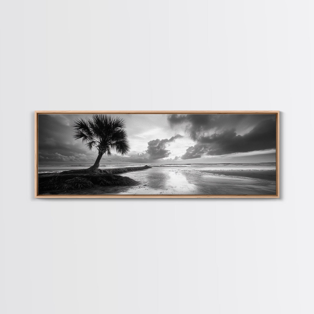 Solitary Palm Tree, Ocean Storm, Moody Landscape, Beach Wall Decor, Framed Canvas Print, Coastal Living Room Art, Monochrome Photography
