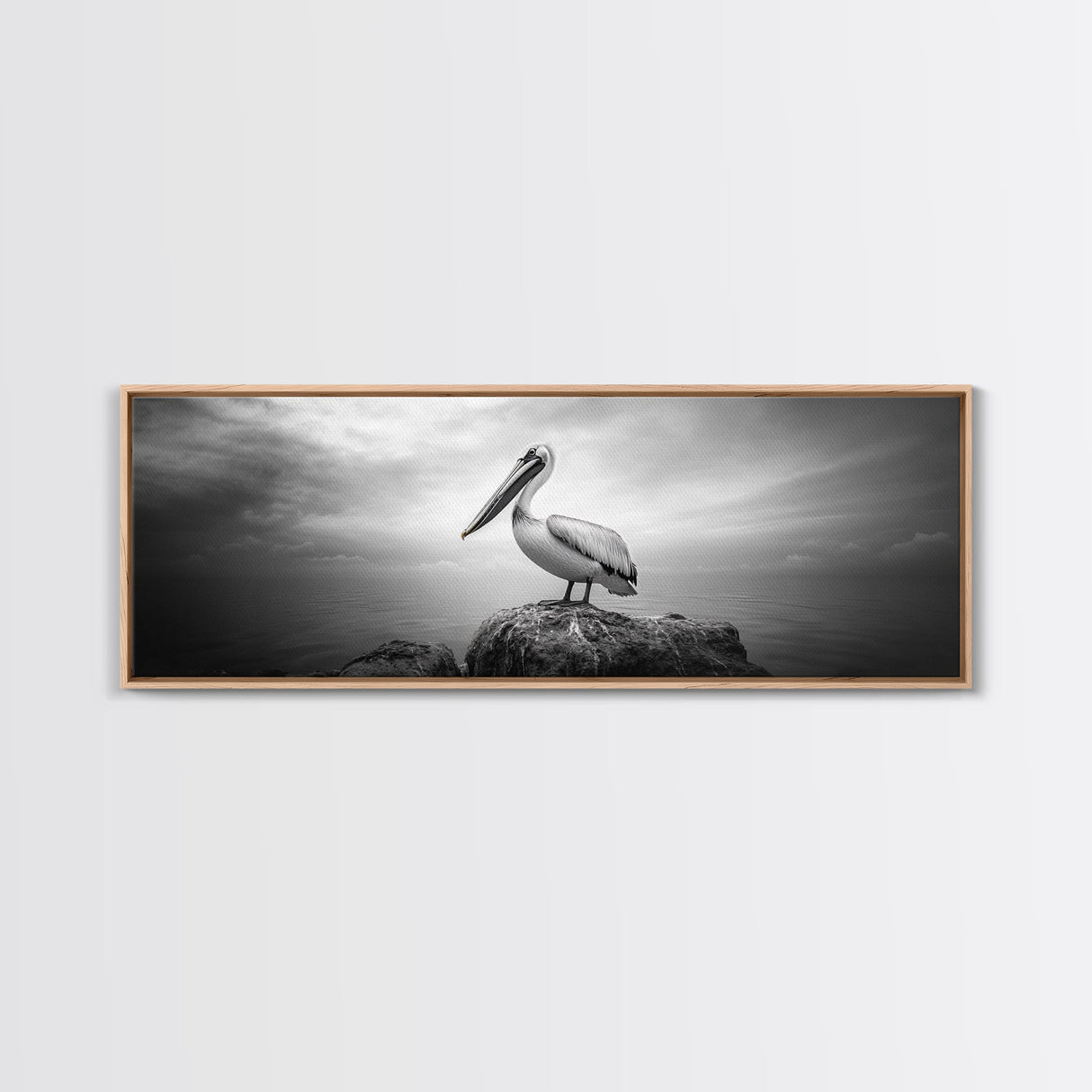 Coastal Pelican, Ocean Rock, Tranquil Wildlife Scene, Framed Canvas Print, Beach House Wall Art, Seaside Nature Decor, Moody Tones