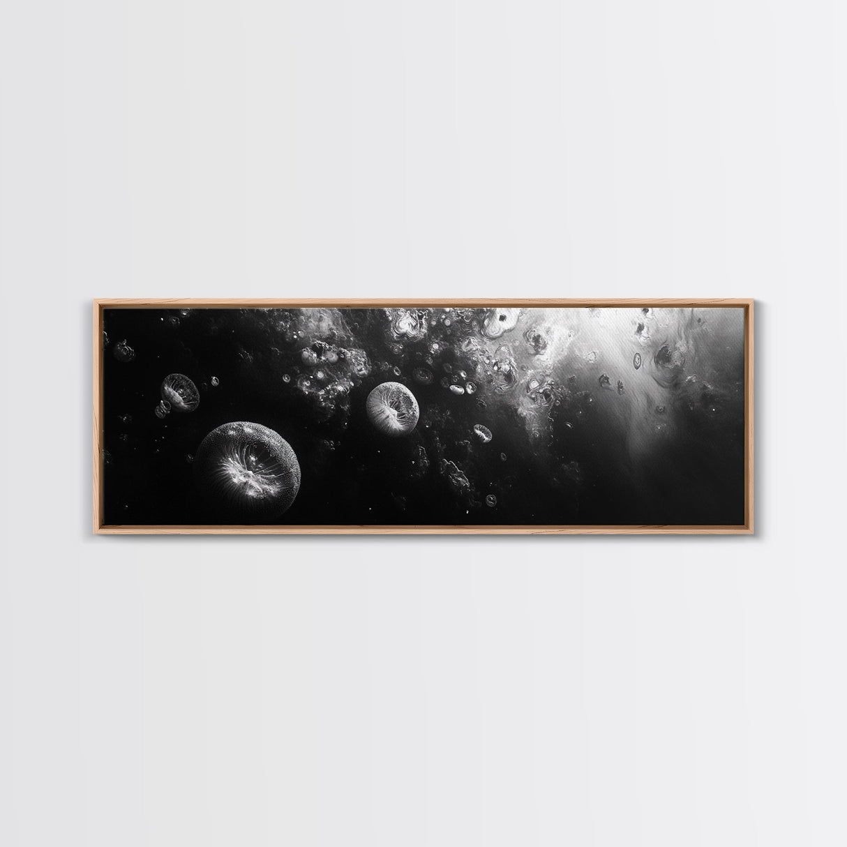 Jellyfish Dreams, Ocean Depths, Abstract Motion, Canvas Print, Coastal Bathroom Art, Nautical Theme, Moody Black and White Sea Life